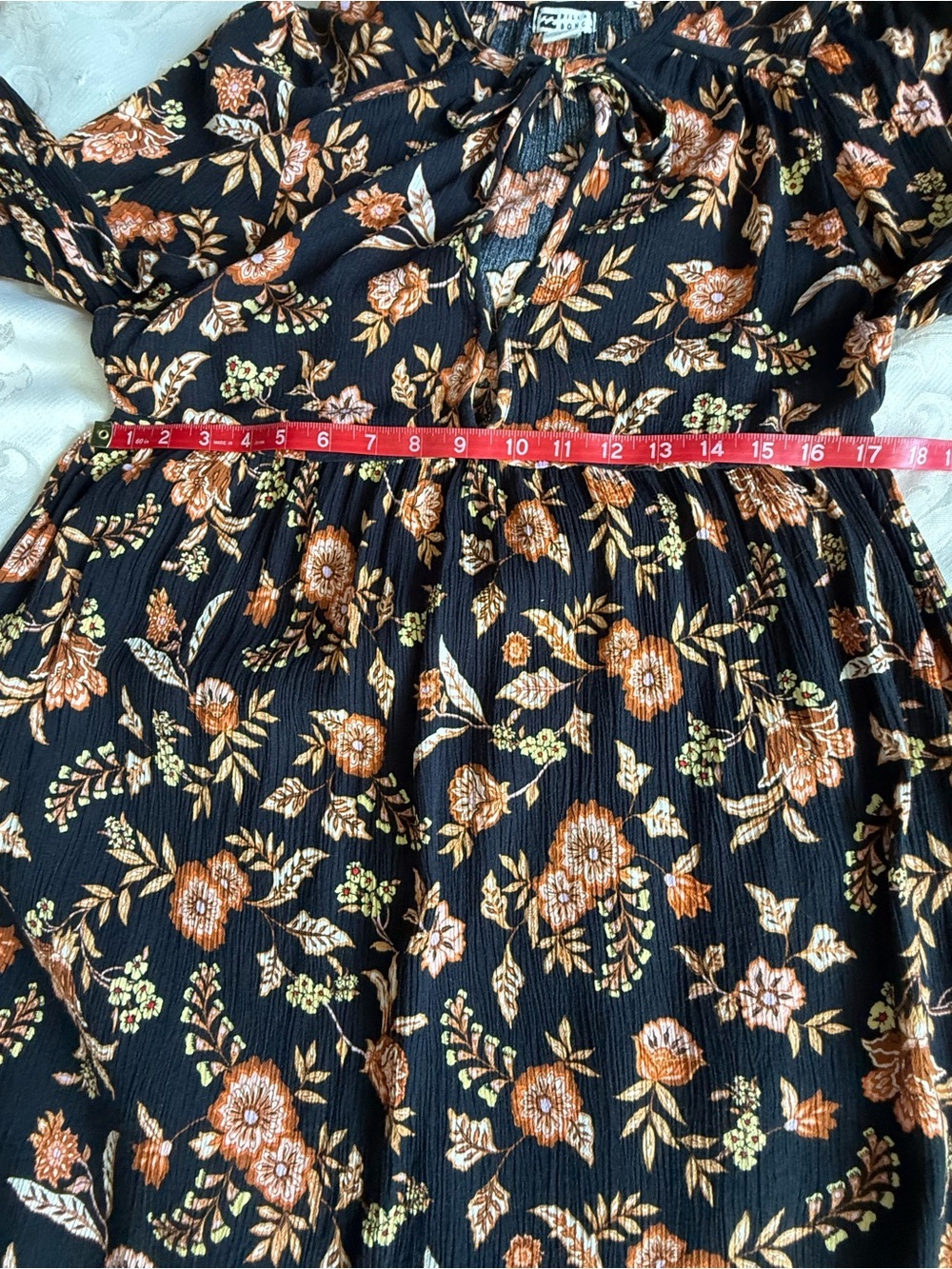 Billabong Floral Boho Mini Dress L Long Sleeve Tie Neck w/ keyhole Empire Waist - Picture 11 of 13